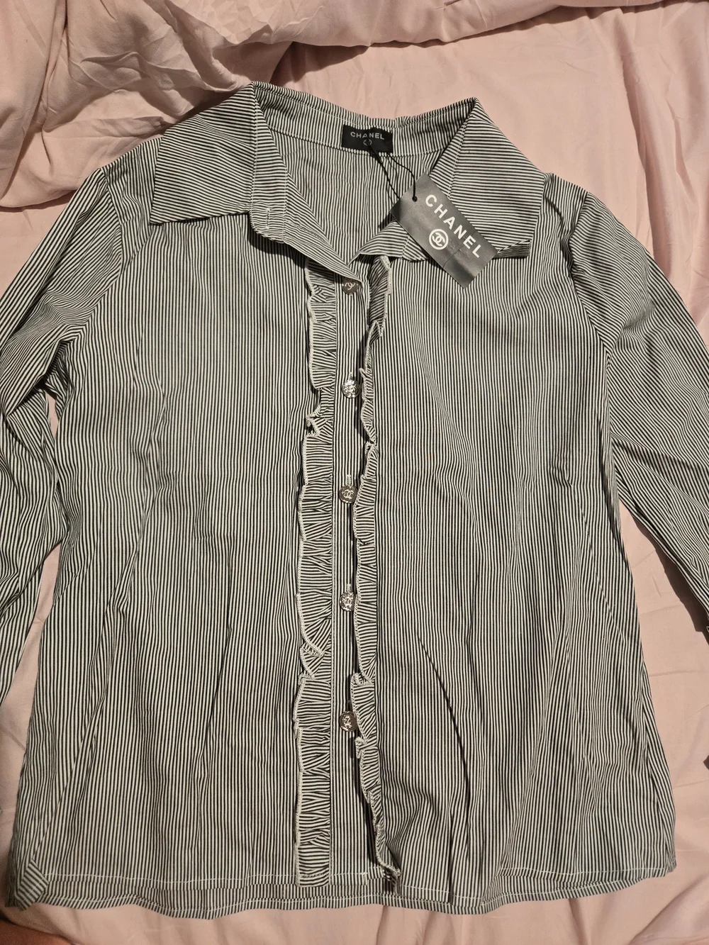 CHANEL Black & White Striped Button-Down Shirt